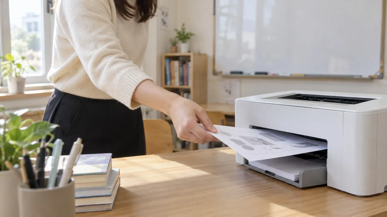 작은 교습실 책상 옆 소형 레이저 프린터에서 학습지를 꺼내는 모습 (예시 이미지)