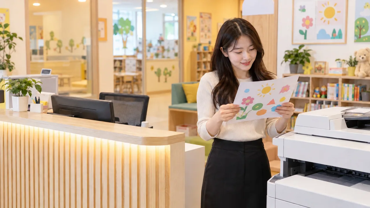 초등 학원 데스크에서 직원이 컬러 안내문을 출력해 확인하는 모습 (예시 이미지)