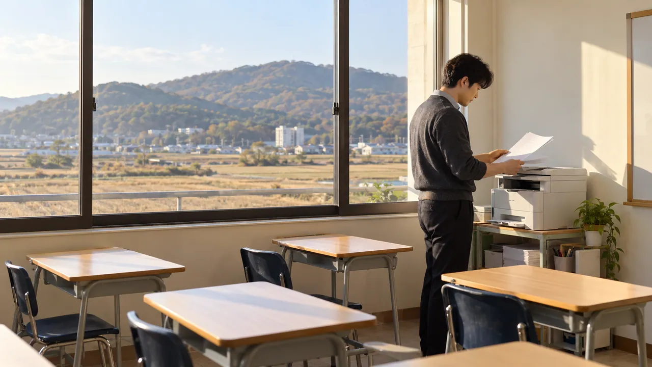 창밖으로 낮은 산과 논이 보이는 읍내 학원 교실에서 강사가 A4 복합기에서 학습지를 꺼내는 모습 (예시 이미지)