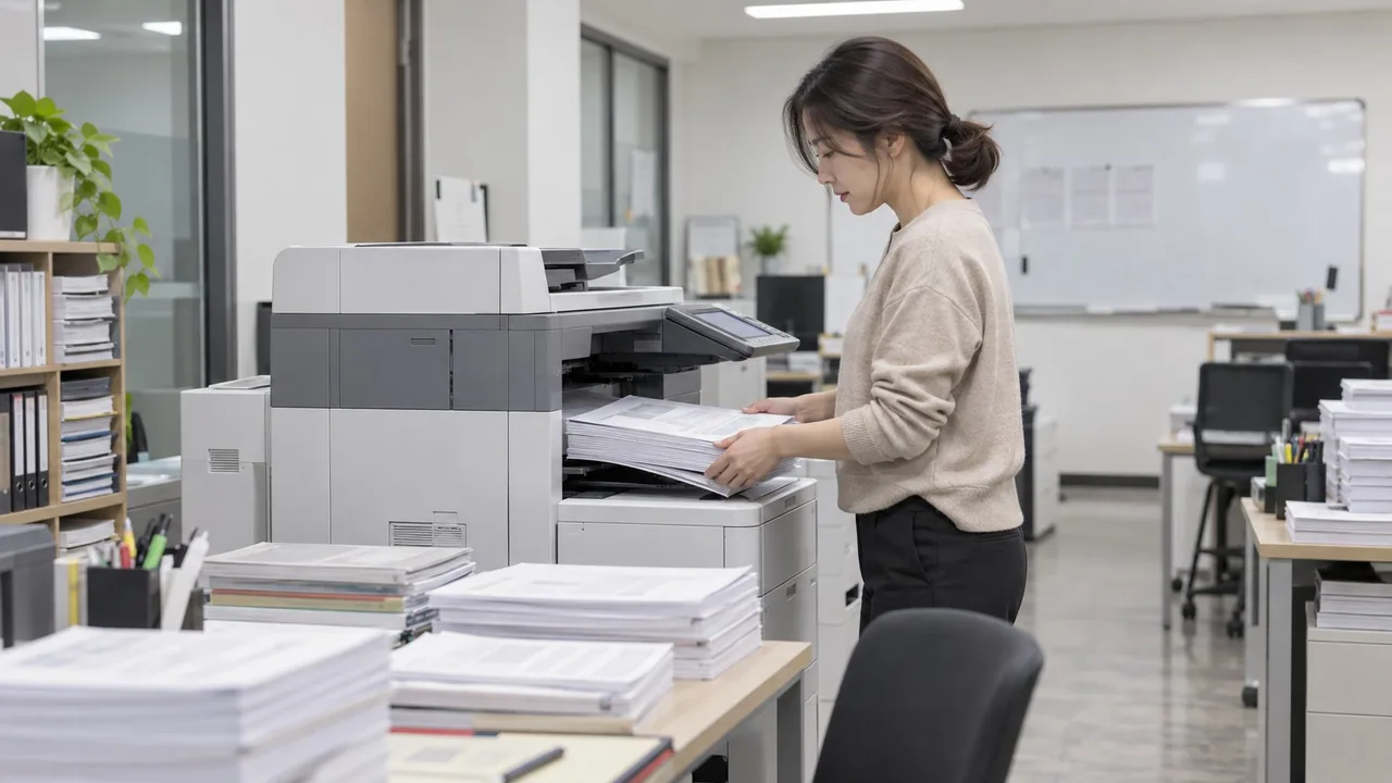 학원 강사 준비실에서 복합기로 시험지 묶음을 출력하는 모습 (예시 이미지)