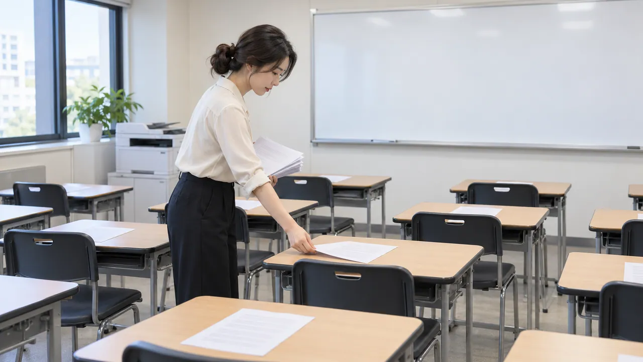 영어 학원 교실에서 수업 전 강사가 학생 책상마다 한 장짜리 단어 시험지를 올려 두는 모습 (예시 이미지)
