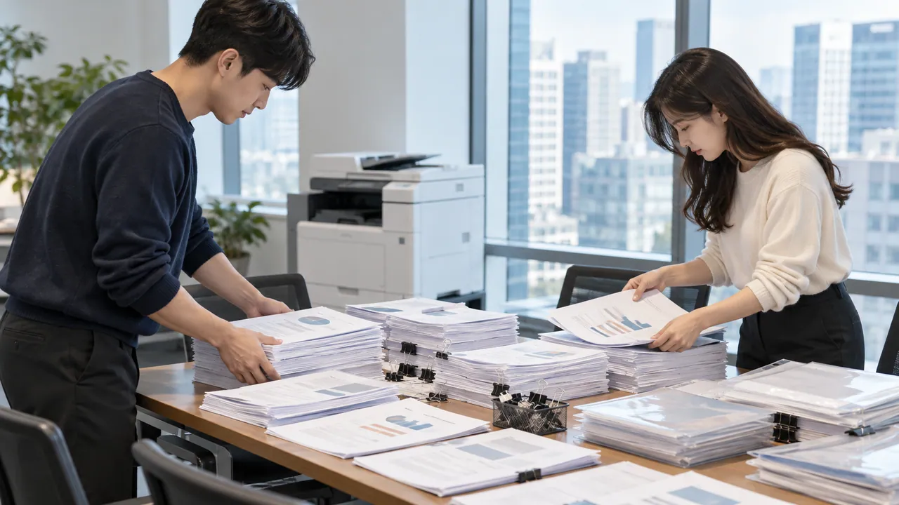 스타트업 회의 테이블에 사업계획서 출력물 묶음과 증빙 서류를 쌓아 두고 팀원 둘이 정리하는 모습 (예시 이미지)