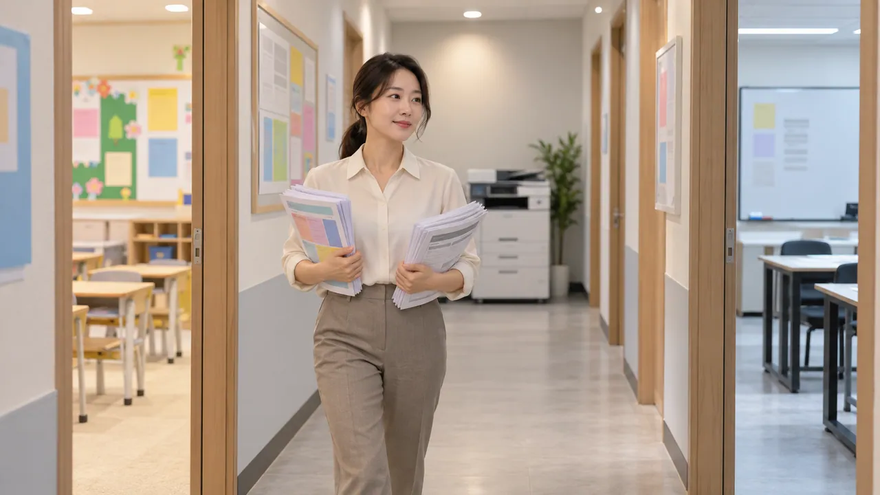 초등반·중고등반 교실이 마주 보는 학원 복도에서 원장이 컬러 안내문과 흑백 문제지를 들고 걷는 모습 (예시 이미지)