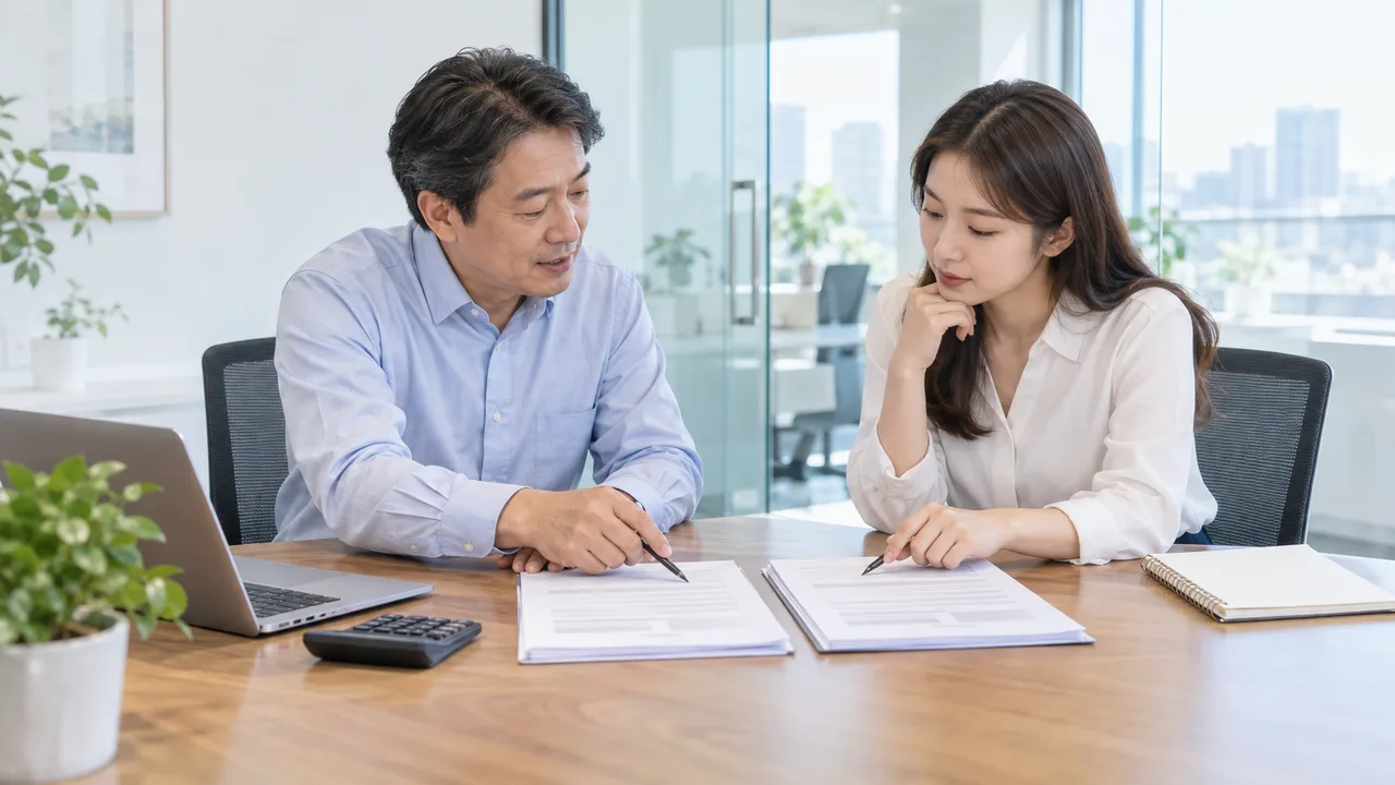사무실 회의 테이블에서 담당자가 복합기 계약 서류 두 부를 나란히 놓고 비교하는 모습