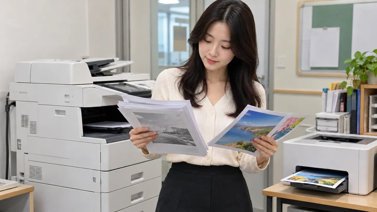 학원 교무실에 큰 복합기와 작은 컬러 프린터를 나란히 두고 출력물을 나누는 모습 (예시 이미지)