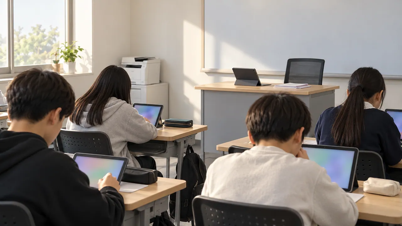 학원 강의실에서 학생들이 태블릿으로 수업 자료를 보고 강사 책상에는 얇은 프린트 몇 장만 놓인 모습 (예시 이미지)
