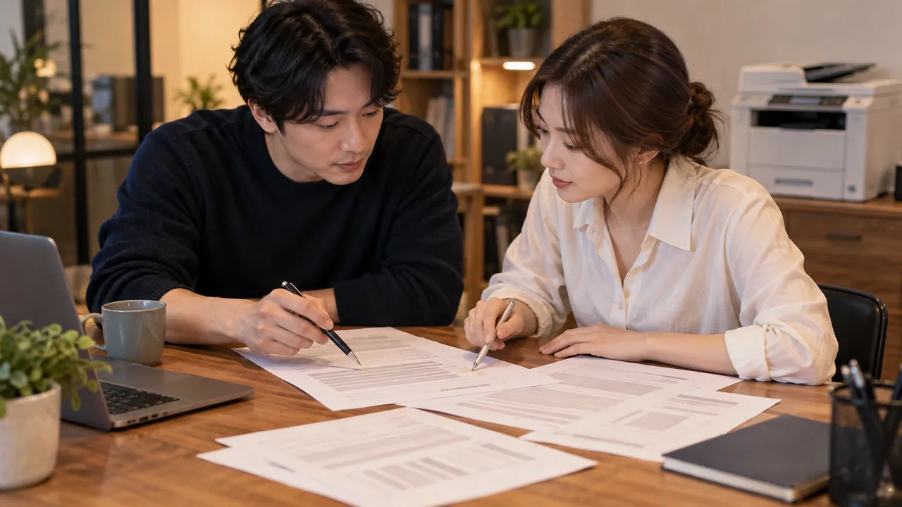 작은 창업 사무실 회의 테이블에서 공동 창업자 두 명이 견적서와 계약서를 펜으로 짚으며 살펴보는 모습 (예시 이미지)