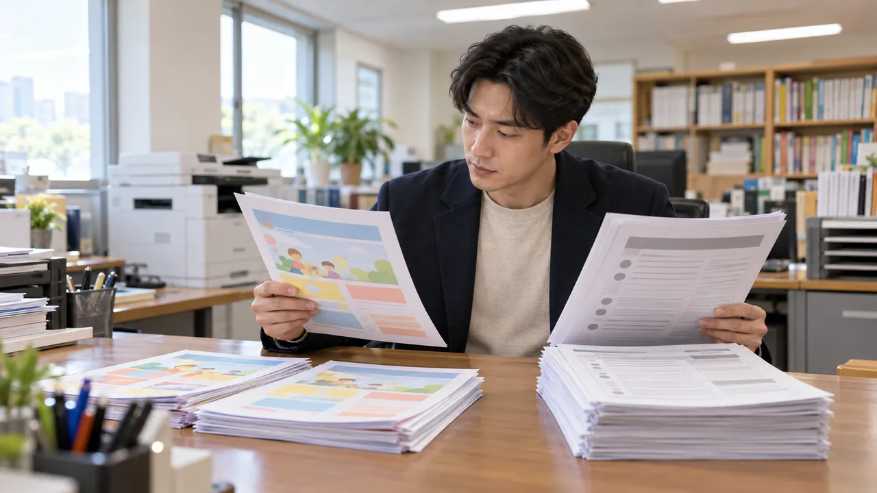 학원 교무실 책상에 컬러 안내문과 흑백 시험지를 나란히 놓고 원장이 비교하는 모습 (예시 이미지)